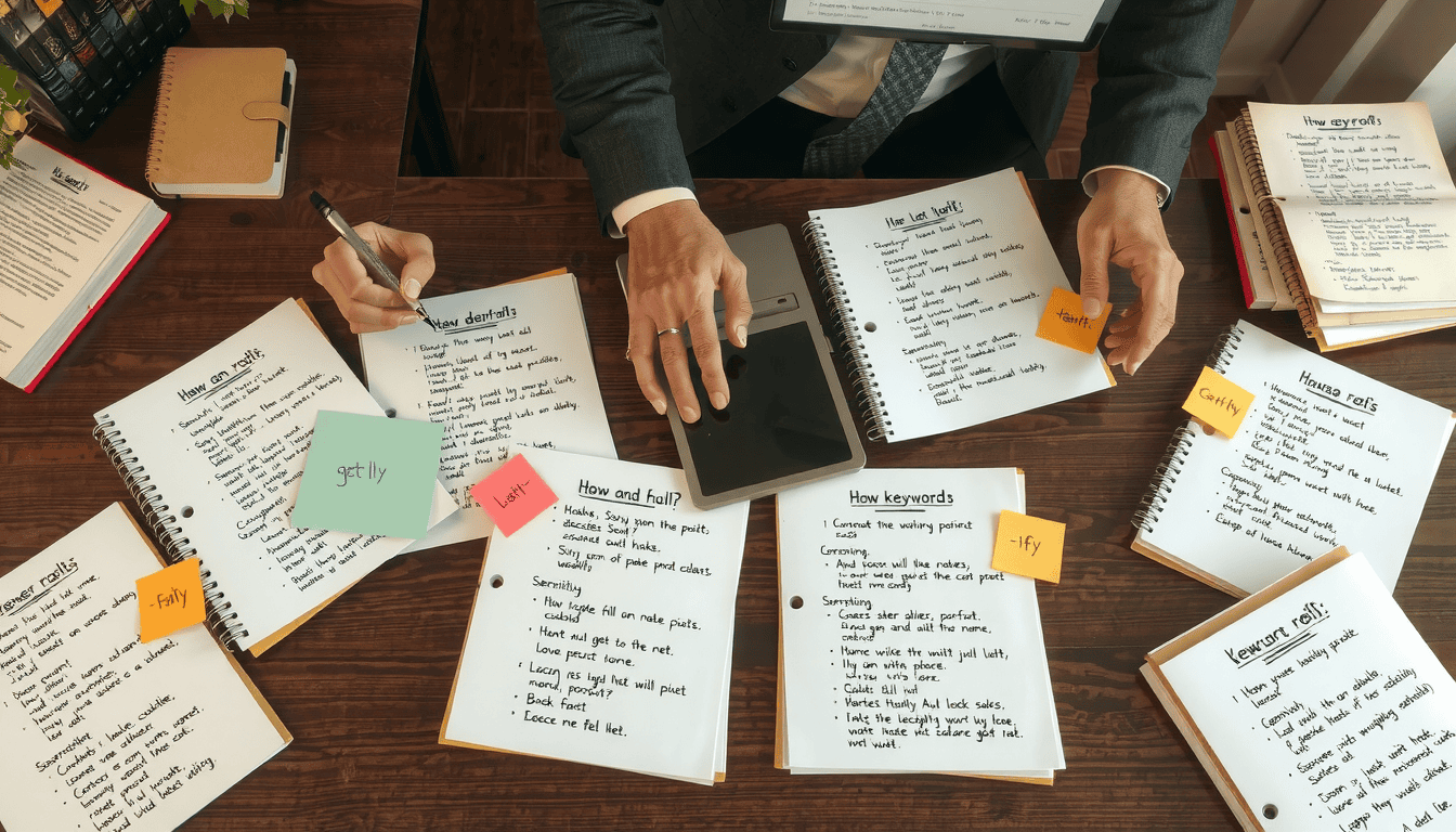 Business owner brainstorming keywords and domain name ideas on laptop for perfect business website.